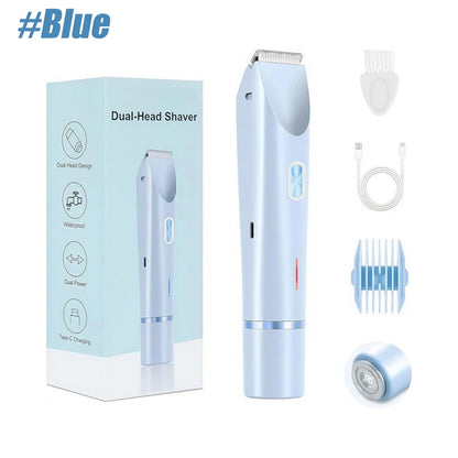 A dual-head electric hair trimmer shown with its retail box and included accessories on a white background. The trimmer is light blue with silver metal blades, and the accessories include a white comb guard, a charging cable, a blue-and-white guide comb, and a small round attachment.