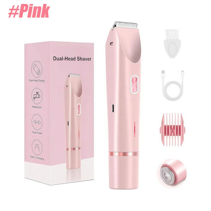 Pink dual-head electric shaver shown with its retail box and included accessories on a white background. The set includes the main shaver body, a matching accessory comb guard, charging cable, and replacement head.