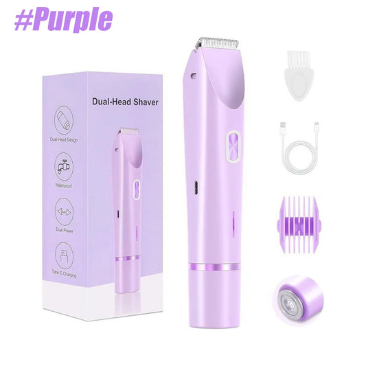 Lavender purple dual-head electric shaver shown with its retail box, charging cable, comb guard, and replacement blade on a white background.